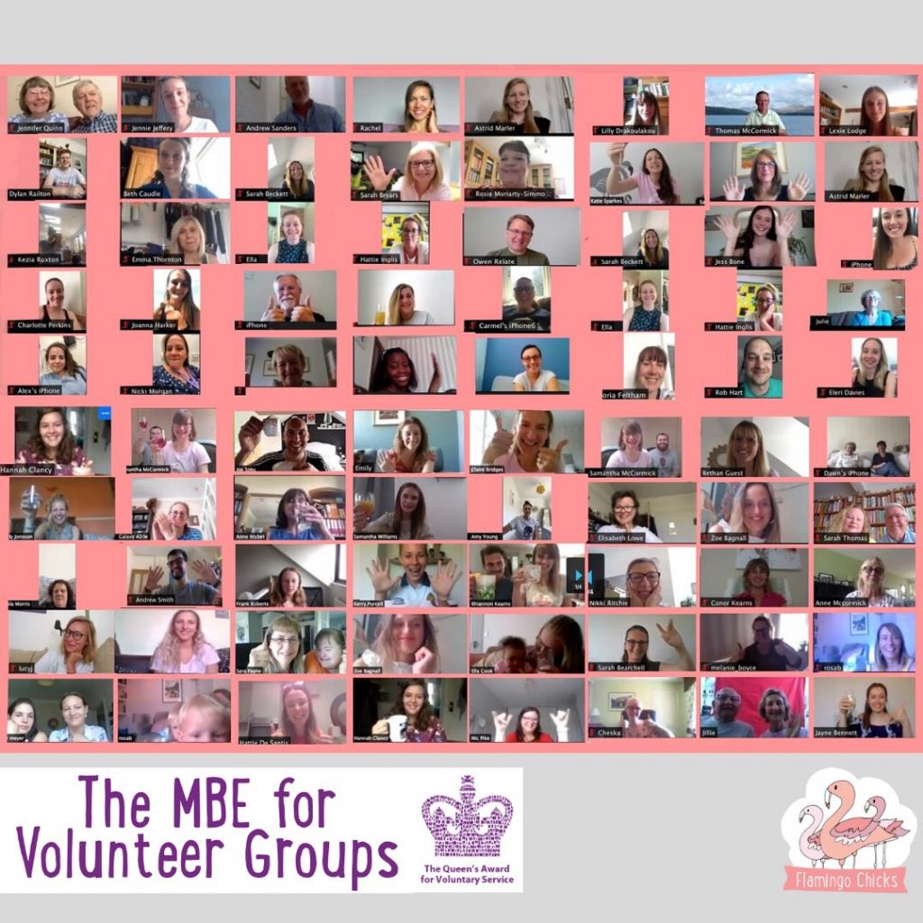 A screenshot of our Zoom party celebrating the Queen's Award for Volunteer Services