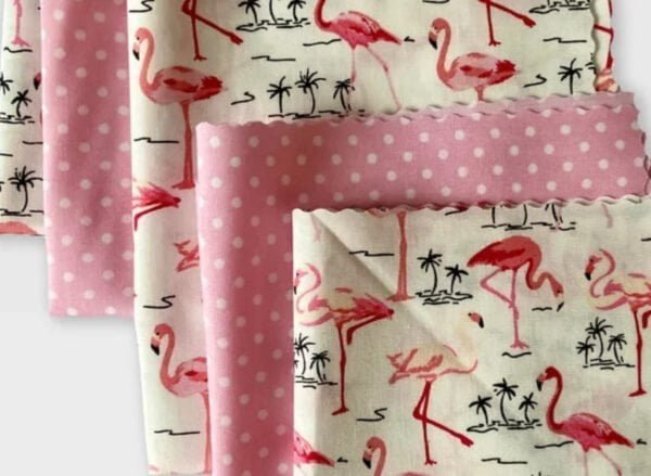 Flamingo and pink polka dot fabric