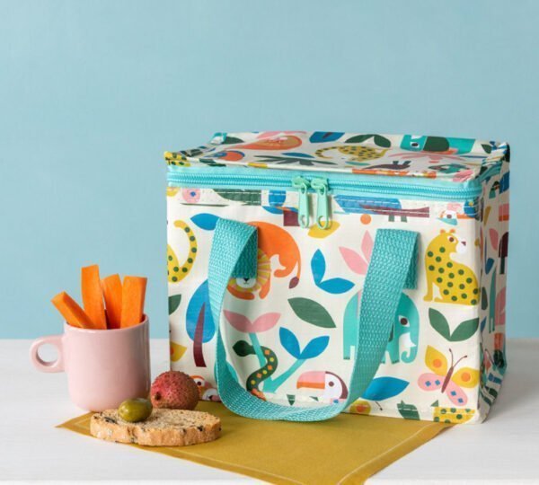 Wild Wonders Lunch Bag with zoo animals and wildlife patters and a blue zip