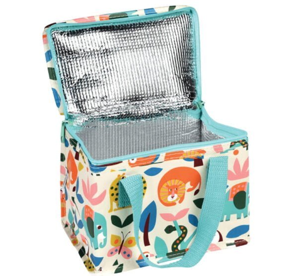 Wild Wonders Lunch Bag with zoo animals and wildlife patters and a blue zip, open to reveal foil inside